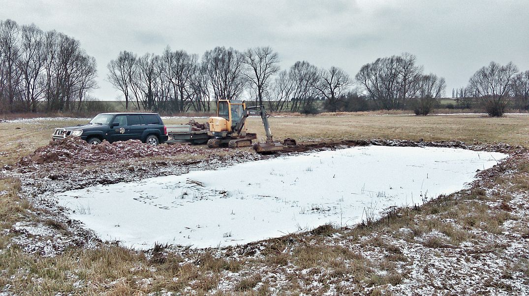 Bagr pomáhá obnovovat tůně v Ptačím parku Josefovské louky