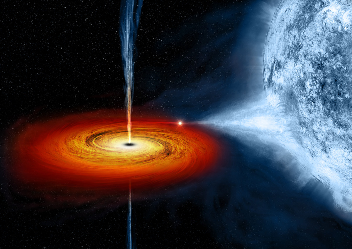 Kresba černé díry Cygnus X-1 s akrečním diskem, která odčerpává hmotu blízké hvězdě