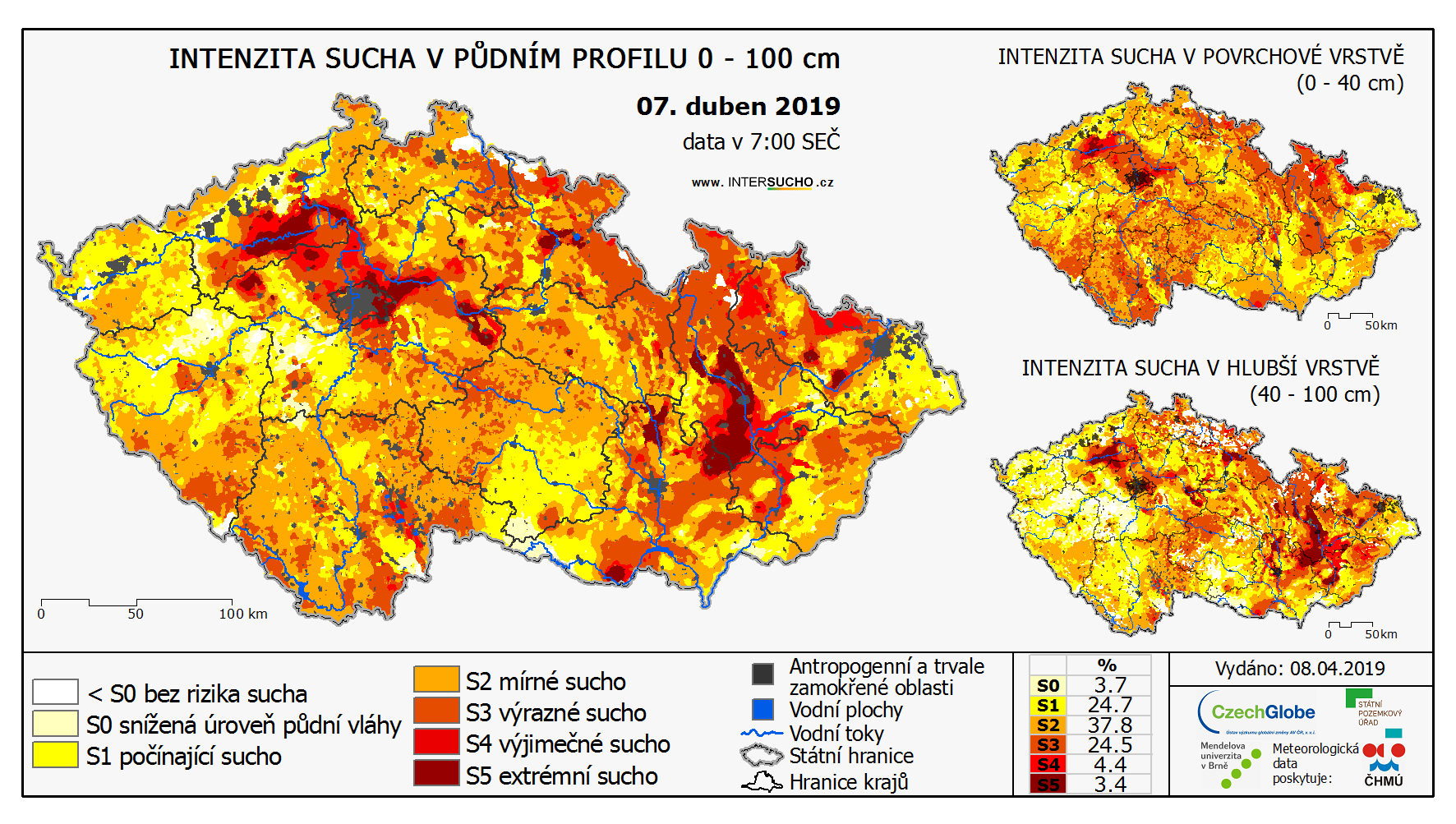 Intenzita sucha v půdním profilu 0 - 100 cm - 7. duben 2019 