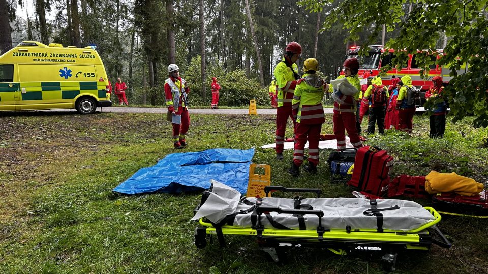 V Prachovských skalách bylo rušno. Záchranáři trénovali ošetření skupiny lidí, kteří spadli z útesu