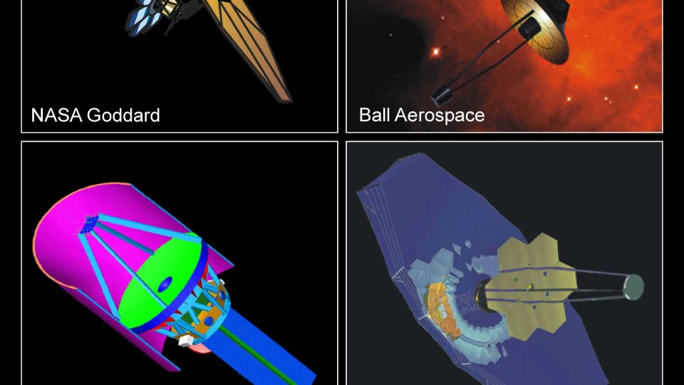 První zveřejněné návrhy konstrukce vesmírného teleskopu příští generace. Vítězný návrh firmy TRW Inc. je vpravo dole.  Skutečná podoba Webbova teleskopu se od návrhu příliš neliší