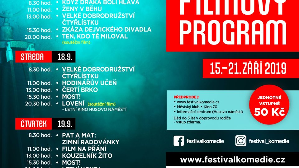 Plakát a filmový program Festivalu české filmové komedie v Novém Městě nad Metují