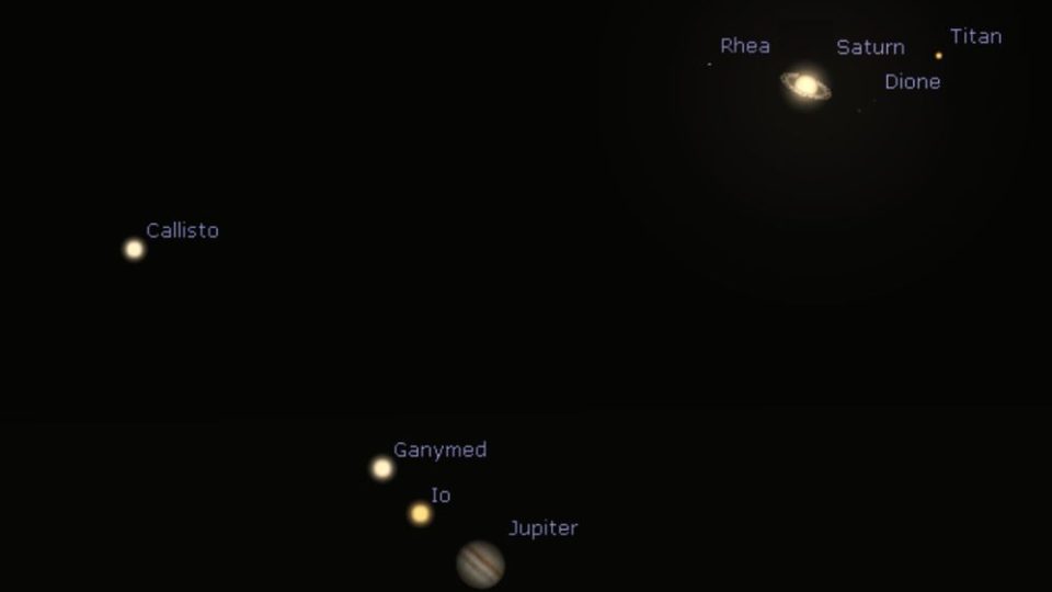 21. 12. 2020 - simulace pohledu na Jupiter s měsíci a Saturn s prstencem a měsíci v dalekohledu při velké konjunkci
