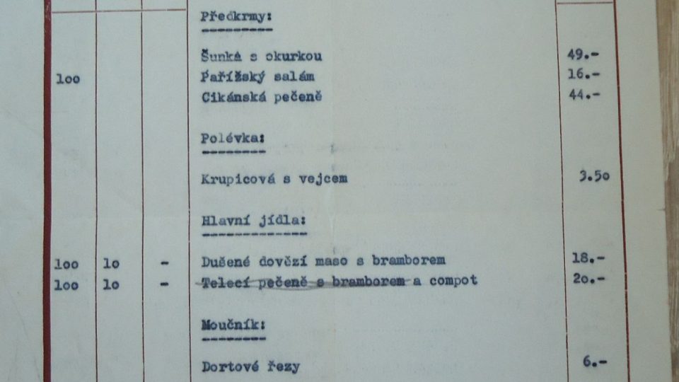 Polední menu - Lázně Běloves z roku 1953