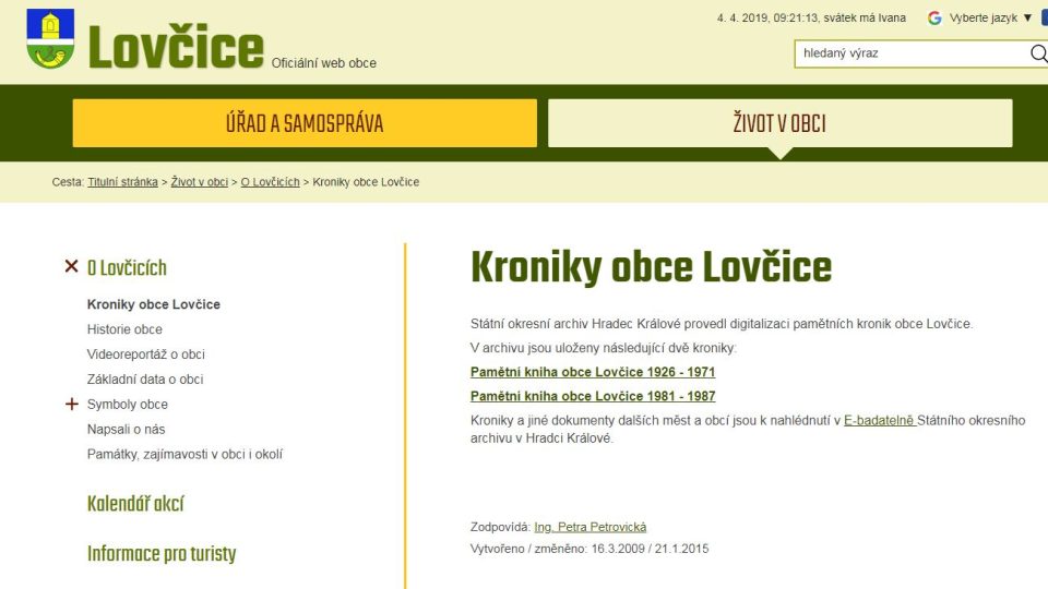 Webové stránky obce Lovčice na Chlumecku získaly ocenění Zlatý erb 2019