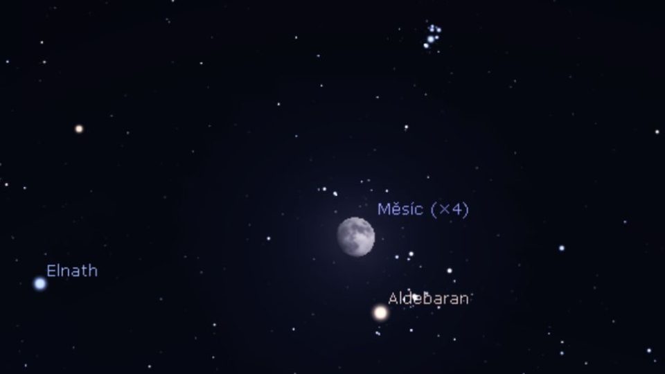 27. 12. 2020 - Měsíc dorůstající do úplňku nedaleko Aldebaranu, nejjasnější hvězdy souhvězdí Býka; mezi hvězdokupami Plejády a Hyády