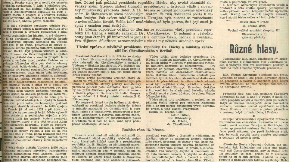 Titulní strana regionálního periodika Hlas našeho venkova (r. XX, č. 11, 16. 3. 1939)