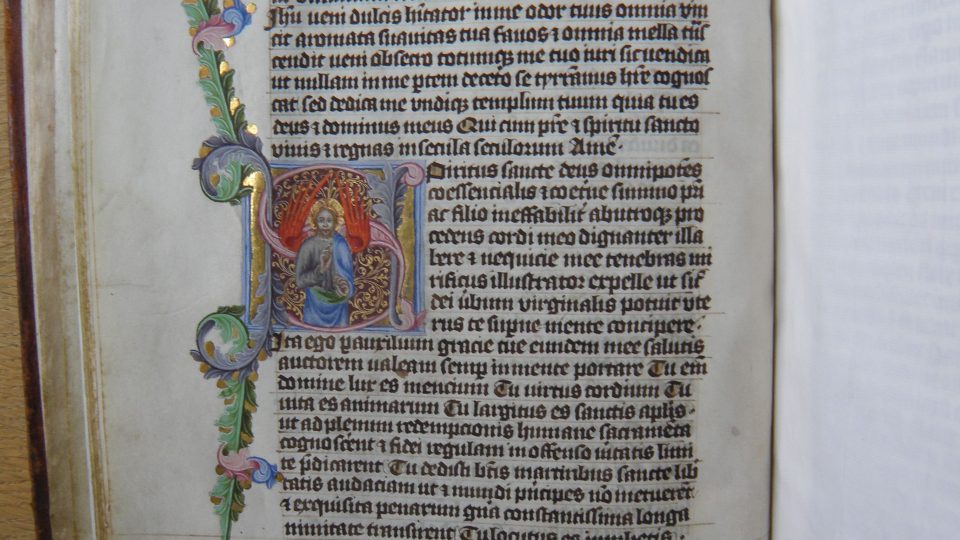 Kodex litomyšlského biskupa Jana XII. Železného z doby českého krále Václava IV. - iniciála S(piritus sanctae deus)