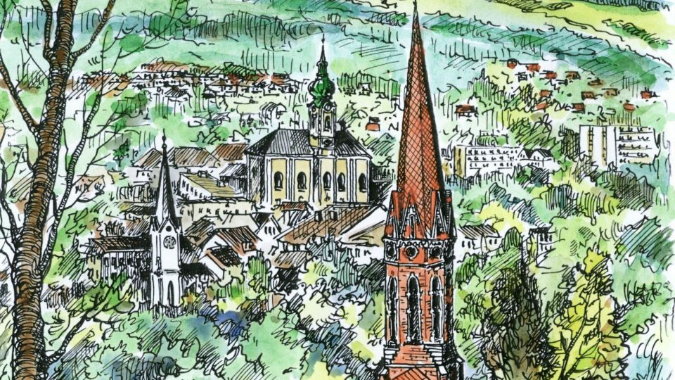 Trutnovské trojvěží - kolorovaná kresba trutnovského výtvarníka Miloše Trýzny