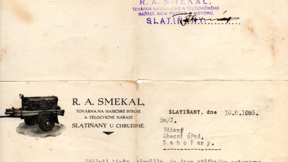 Originální obchodní listina ke stříkačce firmy Smekal