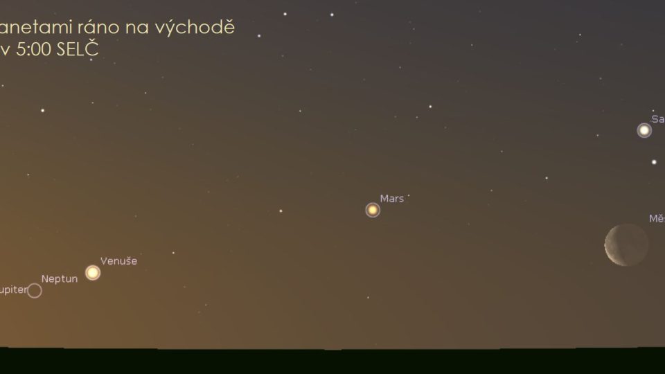 Planety Jupiter, Venuše, Mars a Saturn na dubnové ranní obloze