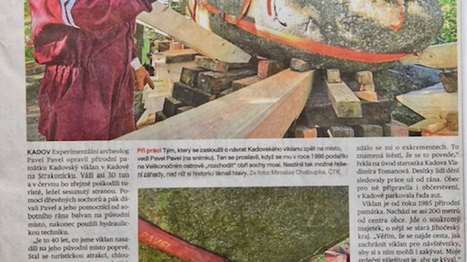 Noviny o stěhování viklanu na Strakonicku