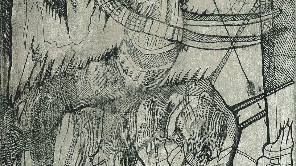 Josef Zlamal - Tušová malba z cyklu Noemova archa na pravém plátkovém stříbře