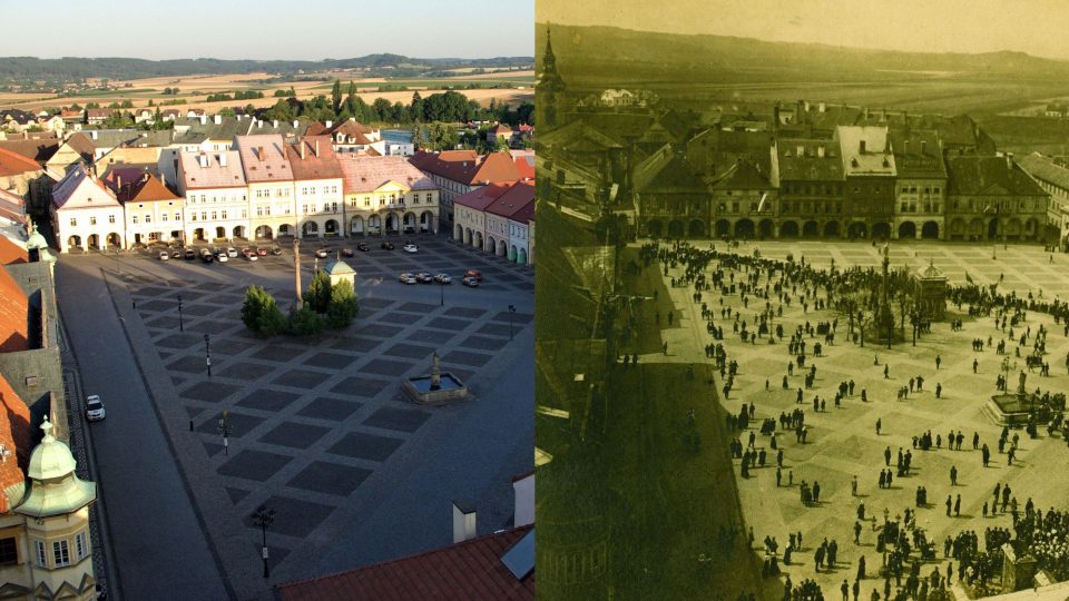 Valdštejnovo náměstí v Jičíně na začátku 21. století a na konci 19. století
