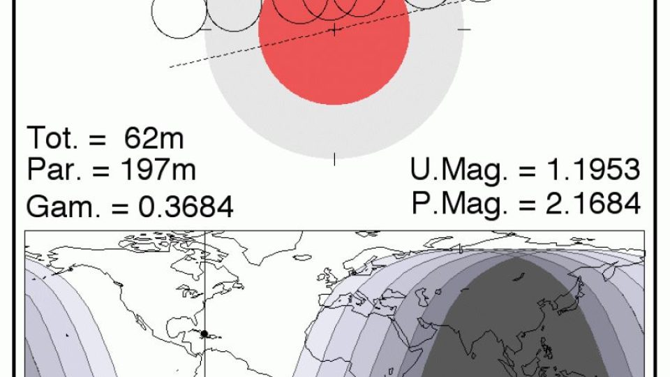 21. 1. 2019 - graf průběhu a mapa viditelnosti úplného zatmění Měsíce