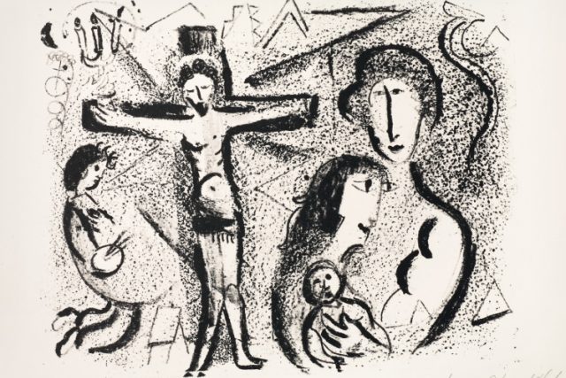 Marc Chagall: Kristus v rodině,  1959,  litograﬁe,  Městská muzea v Žitavě | foto:  Muzeum umění Olomouc