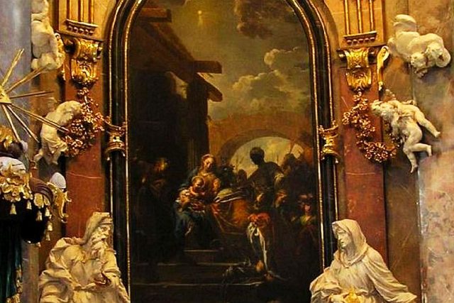 Obraz Klanění Tří králů od Petra Brandla na oltáři kostela ve Smiřicích | foto: smirice. eu