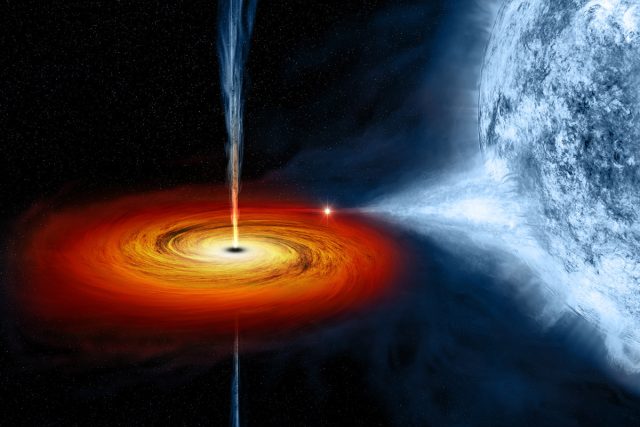 Kresba černé díry Cygnus X-1 s akrečním diskem,  která odčerpává hmotu blízké hvězdě | foto: NASA/CXC/M.Weiss  (http://chandra.harvard.edu/resources/illustrations/blackholes.html)