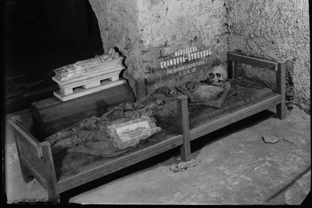 Historické fotografie z 80. let 20. století - vamberecké mumie a pohledy do krypty - údajná Magdalena Grambová | foto: Muzeum a galerie Orlických hor