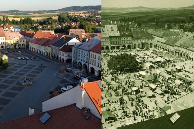 Valdštejnovo náměstí v Jičíně na začátku 21. století a konci 19. století | foto: Vladislava Wildová,  Antonín Fingerland Zdroj RMaG Jičín