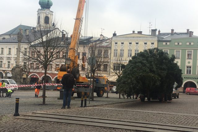 Na Krakonošově náměstí v Trutnově už stojí vánoční smrk | foto: Tomáš Lörincz,  Český rozhlas