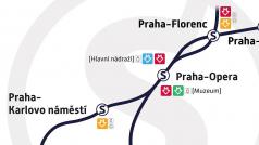 Plánek podzemní železnice v Praze.
